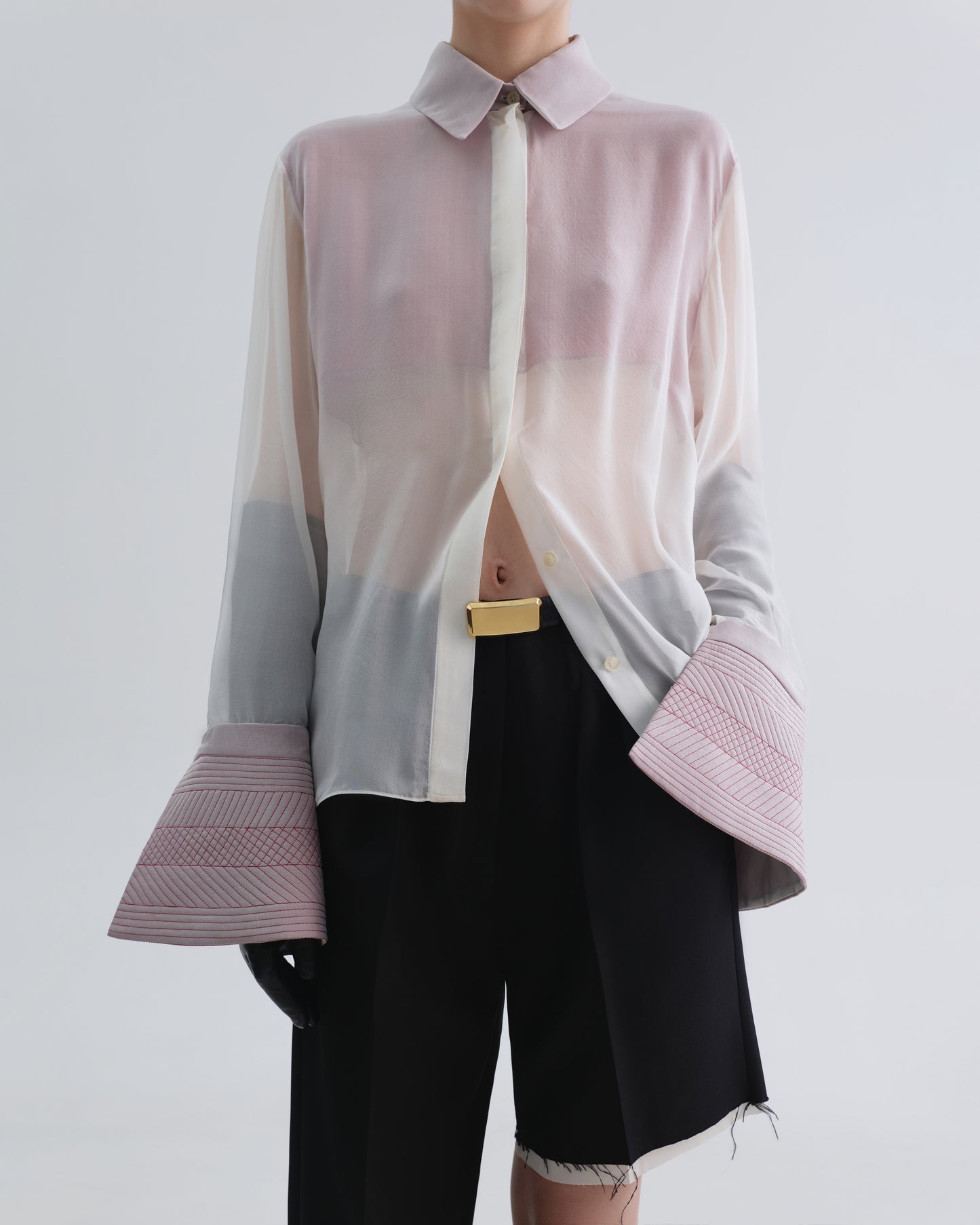 White Silk Shirt with Embroidedred Cuffs and Red Inserts