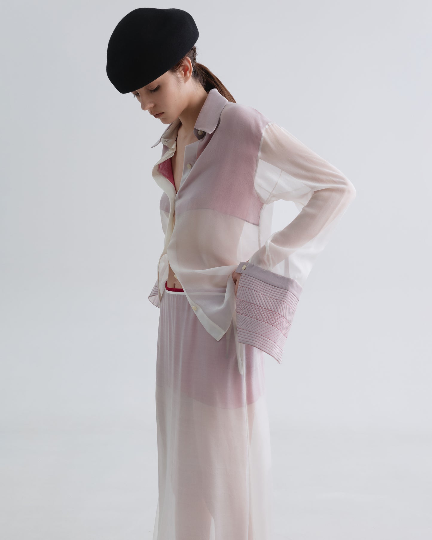 White Silk Shirt with Embroidedred Cuffs and Red Inserts