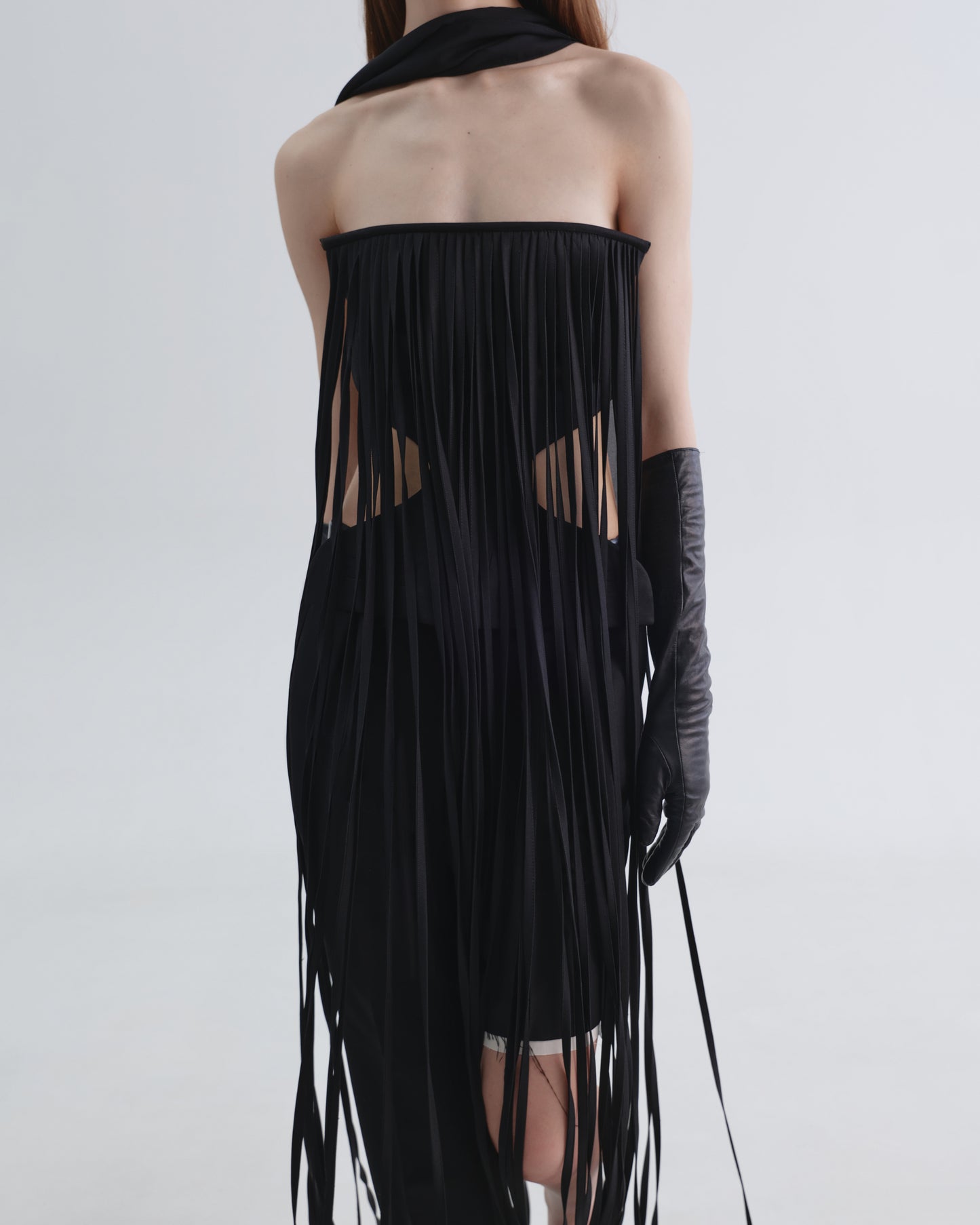 Black Apron with Waist Cutouts and Long Stitched-ropes