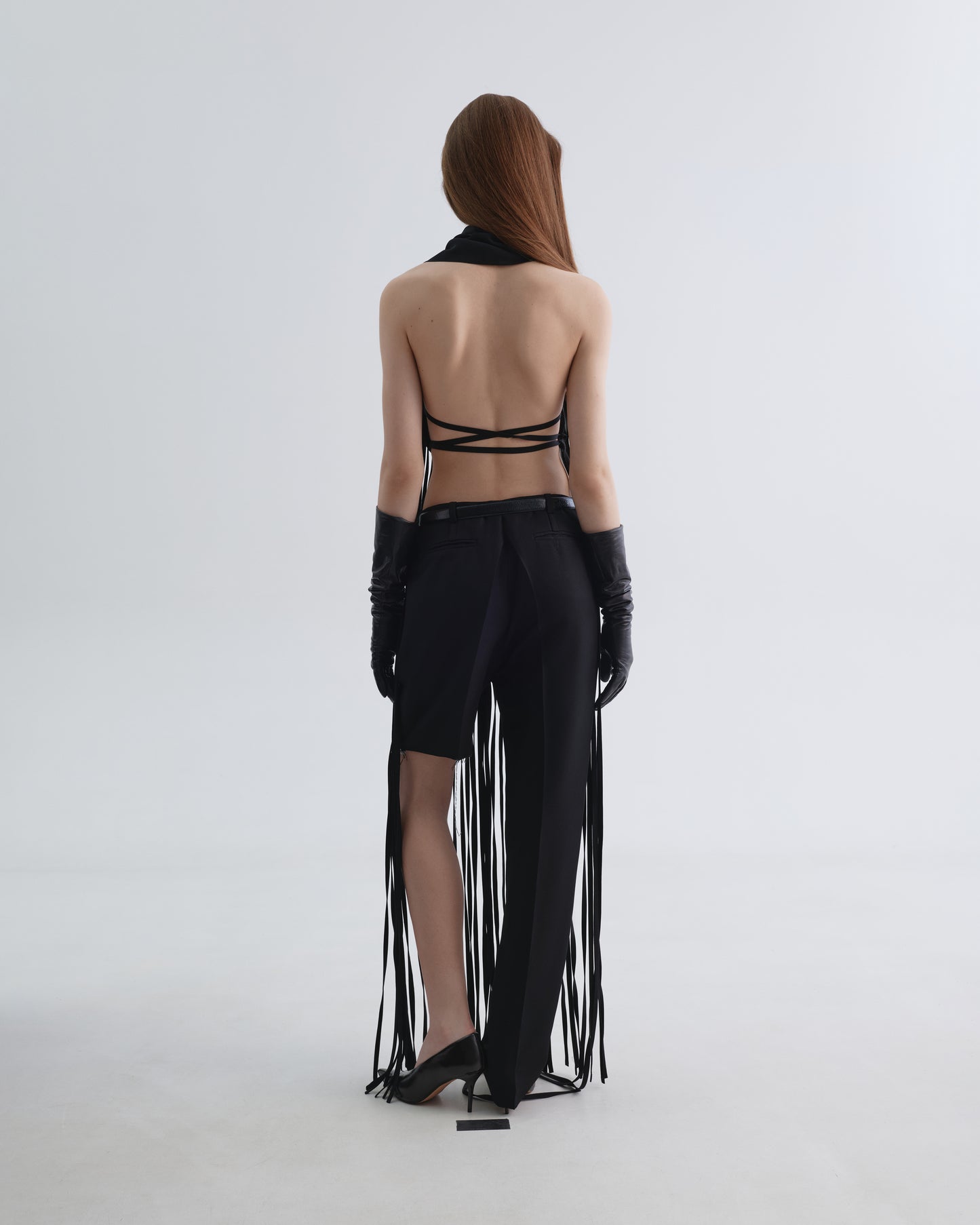 Black Apron with Waist Cutouts and Long Stitched-ropes