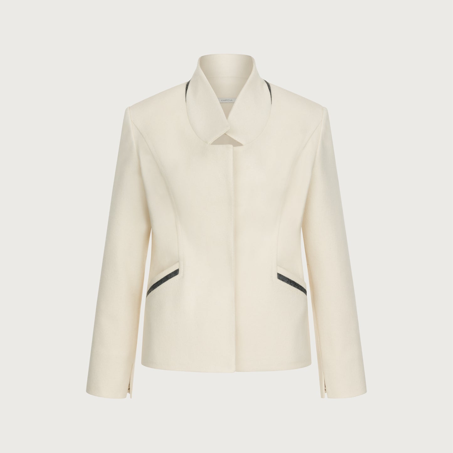 Raised-collar white woollen jacket