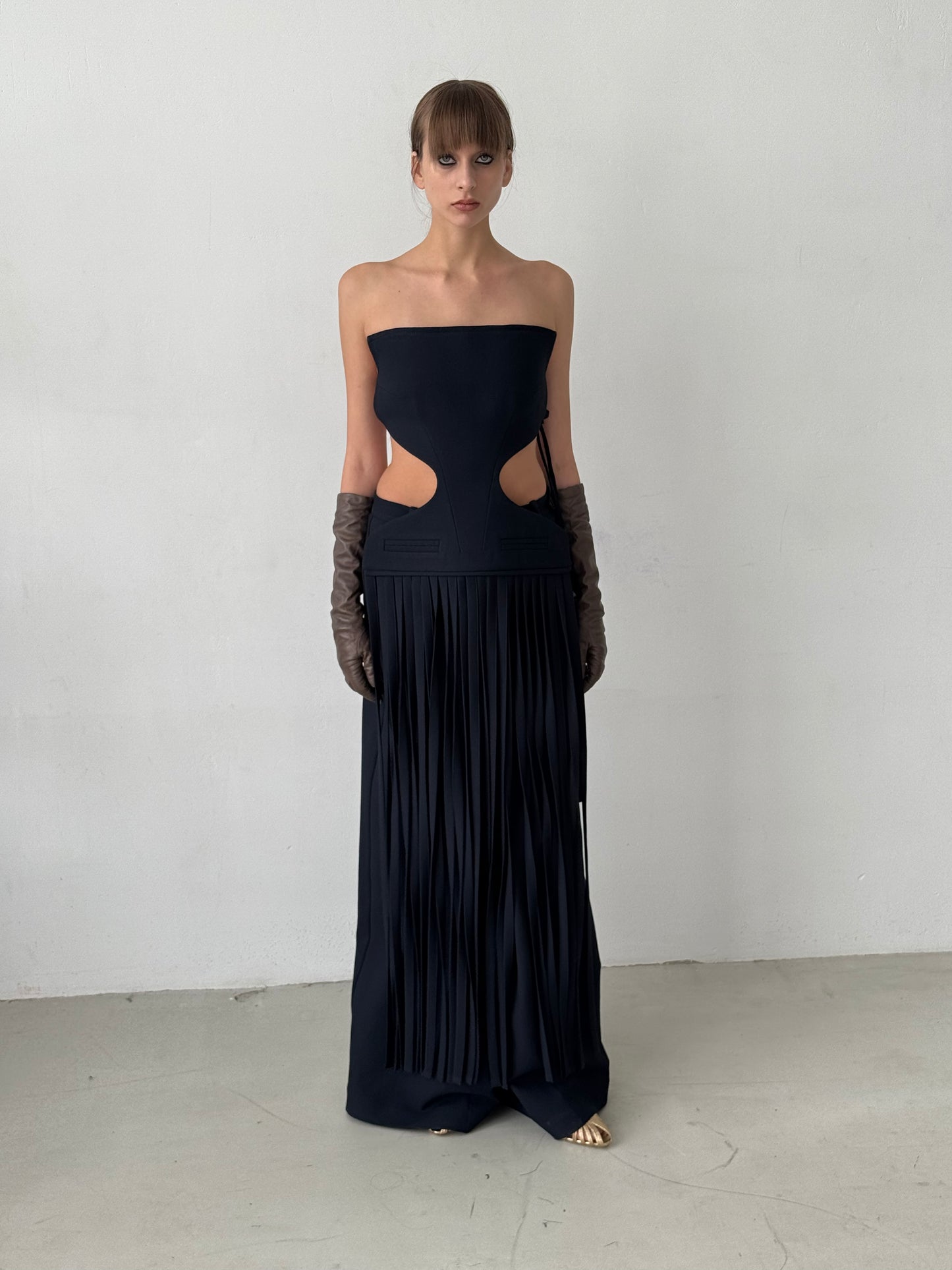 Long blue Apron with Curly Waist Cutouts