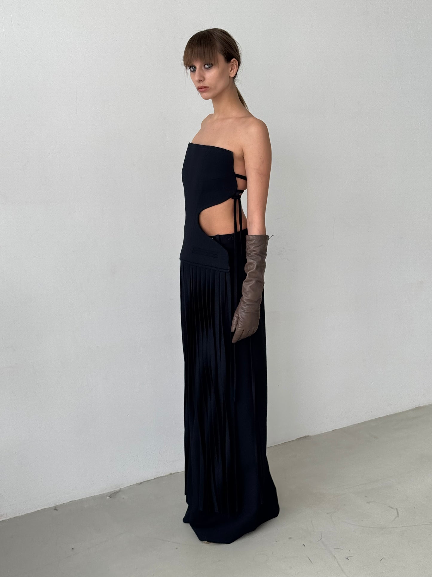 Long blue Apron with Curly Waist Cutouts