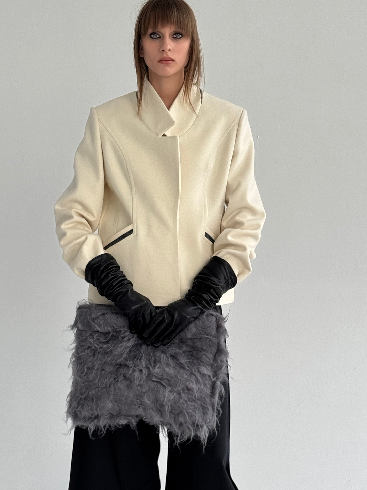 Raised-collar white woollen jacket