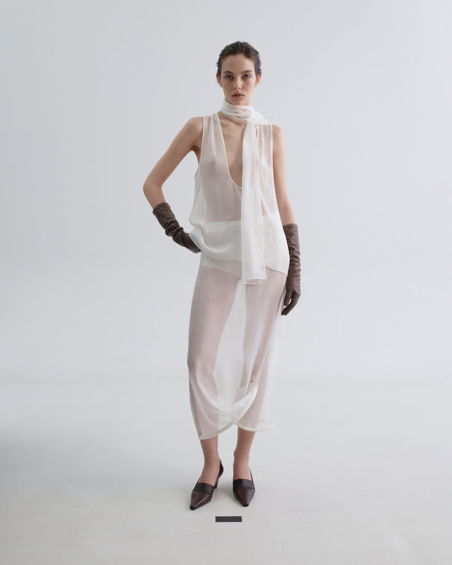 See-through Silk White Tank top with Deep Neckline