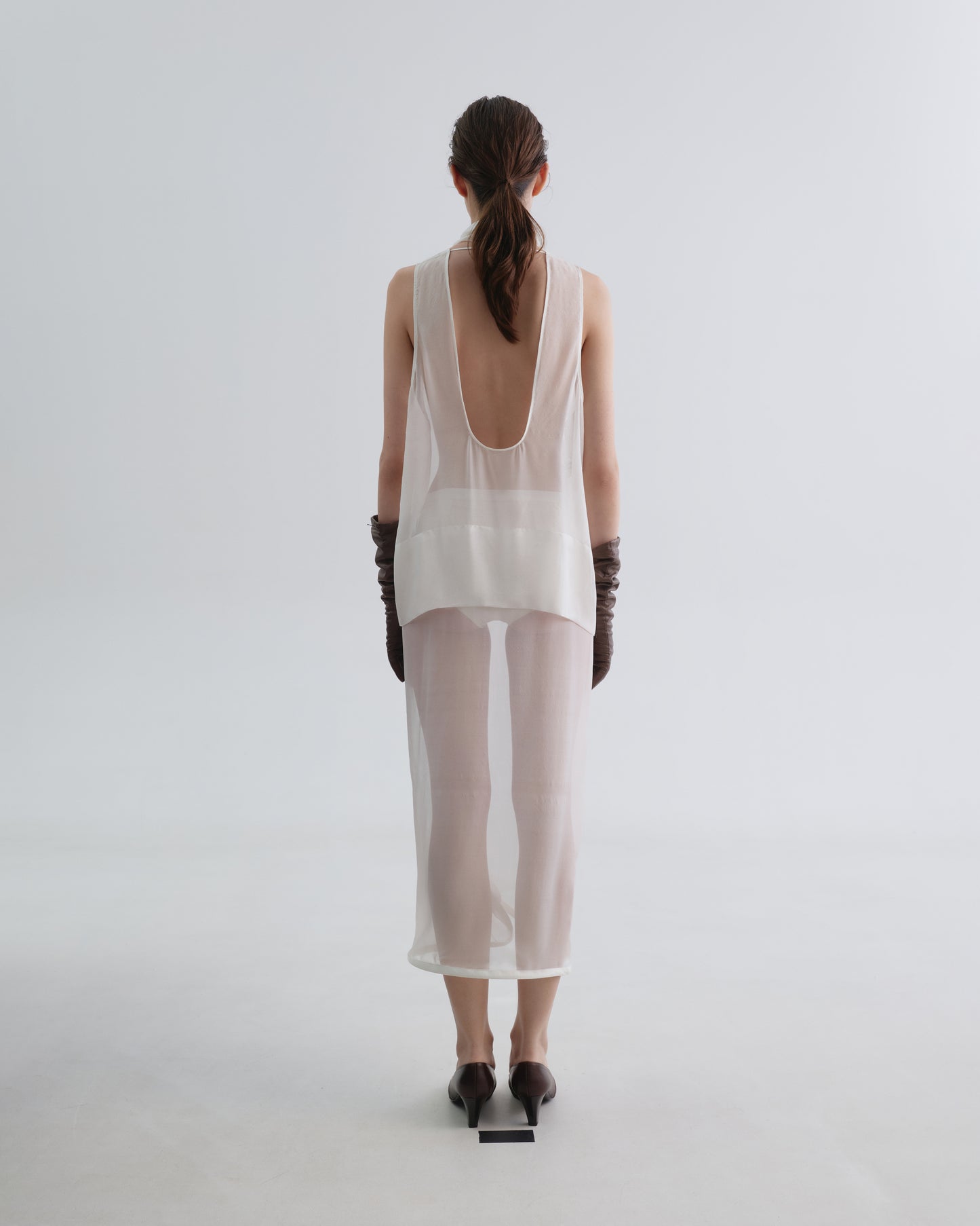See-through Silk White Tank top with Deep Neckline