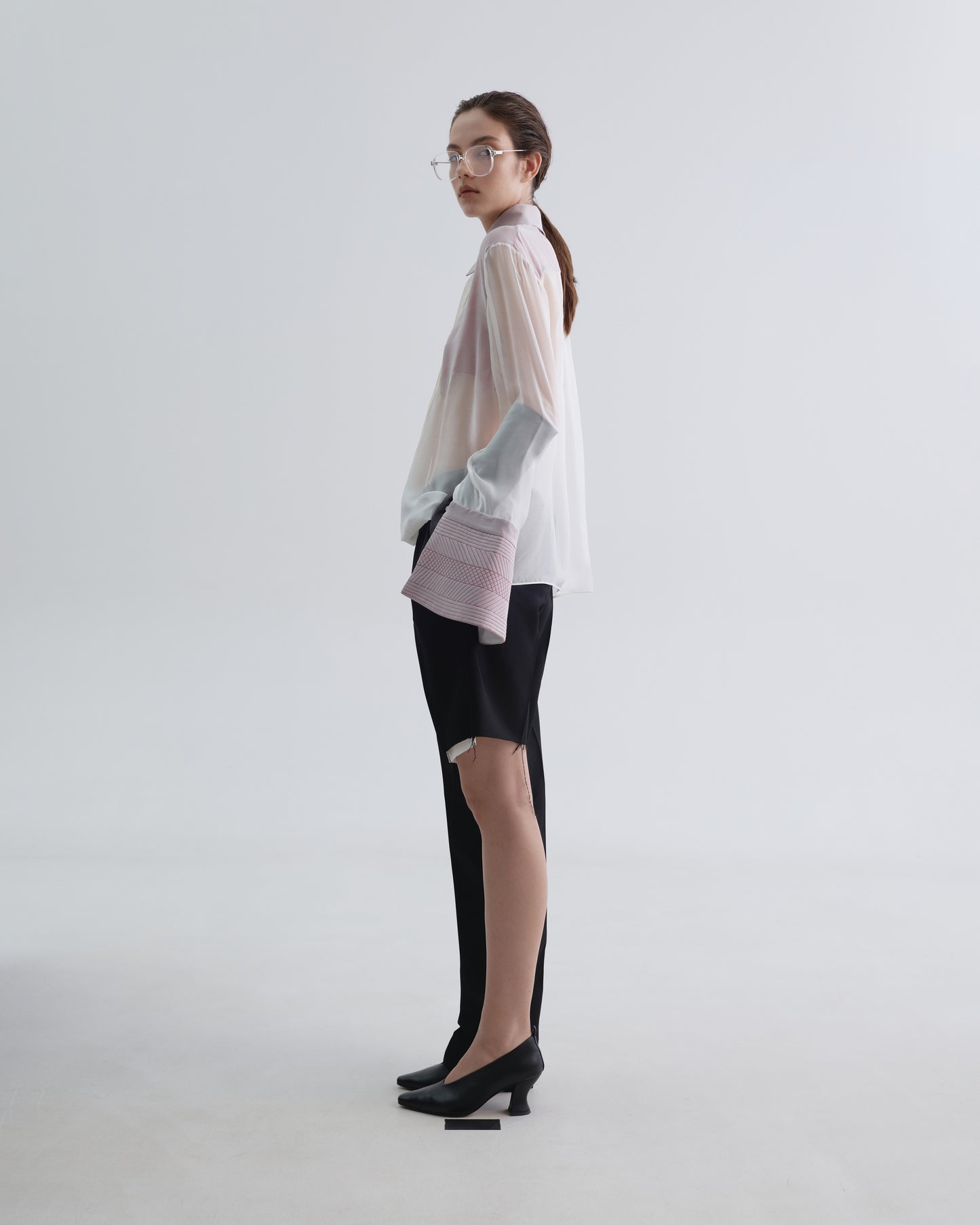 White Silk Shirt with Embroidedred Cuffs and Red Inserts