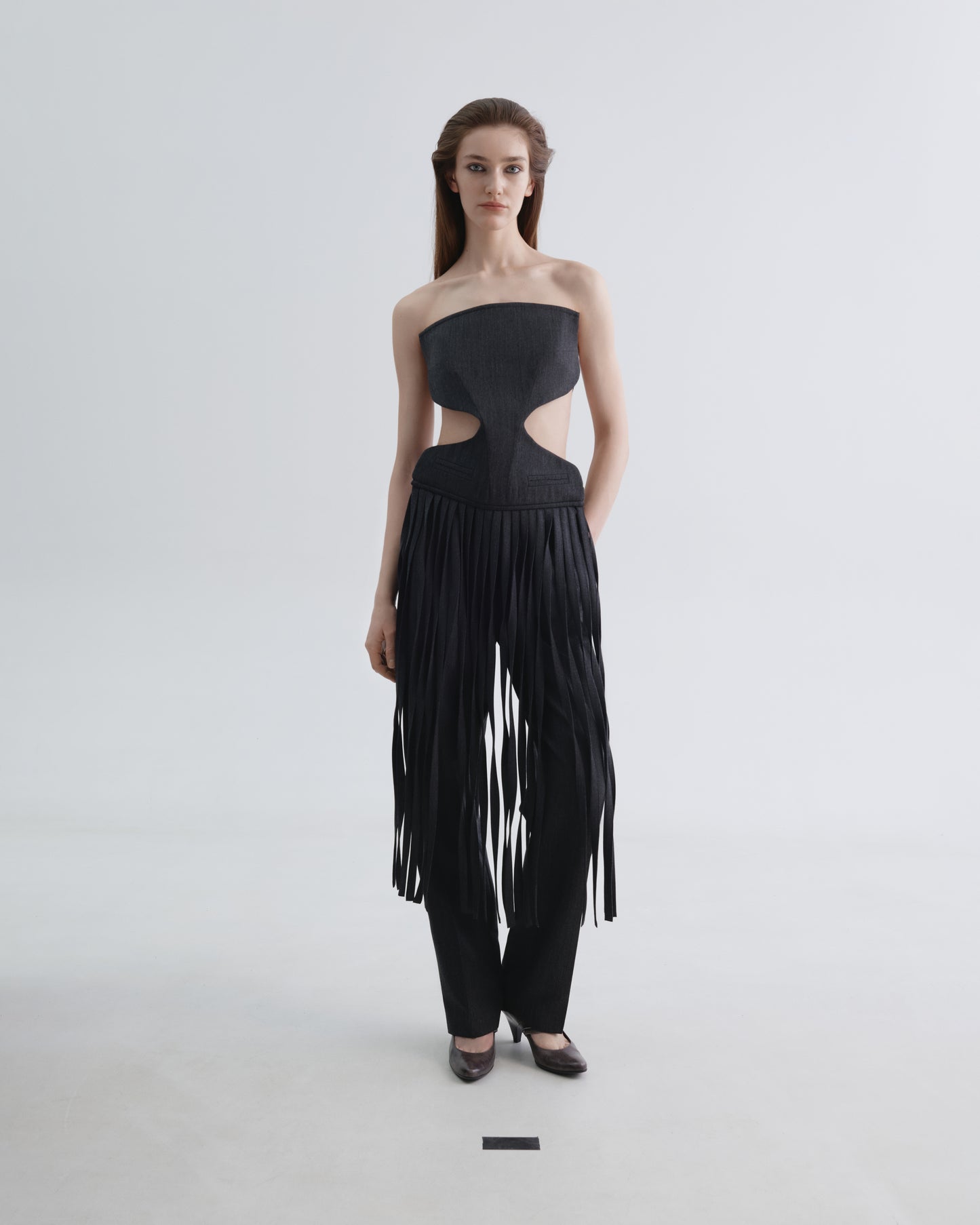 Long Grey Apron with Curly Waist Cutouts