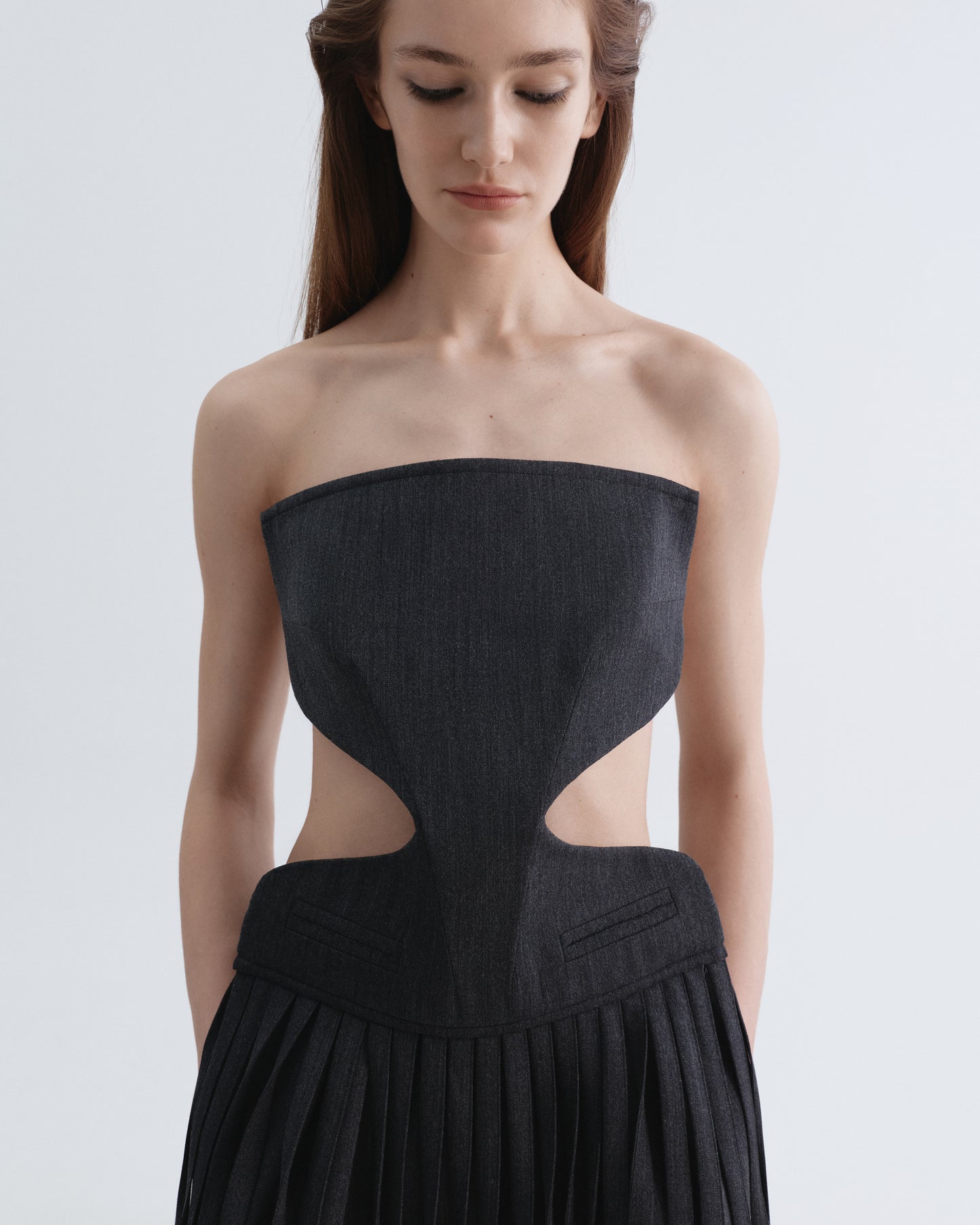 Long Grey Apron with Curly Waist Cutouts