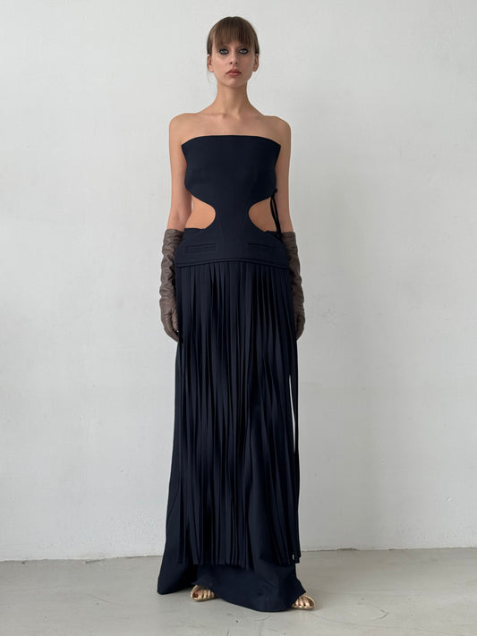 Long blue Apron with Curly Waist Cutouts