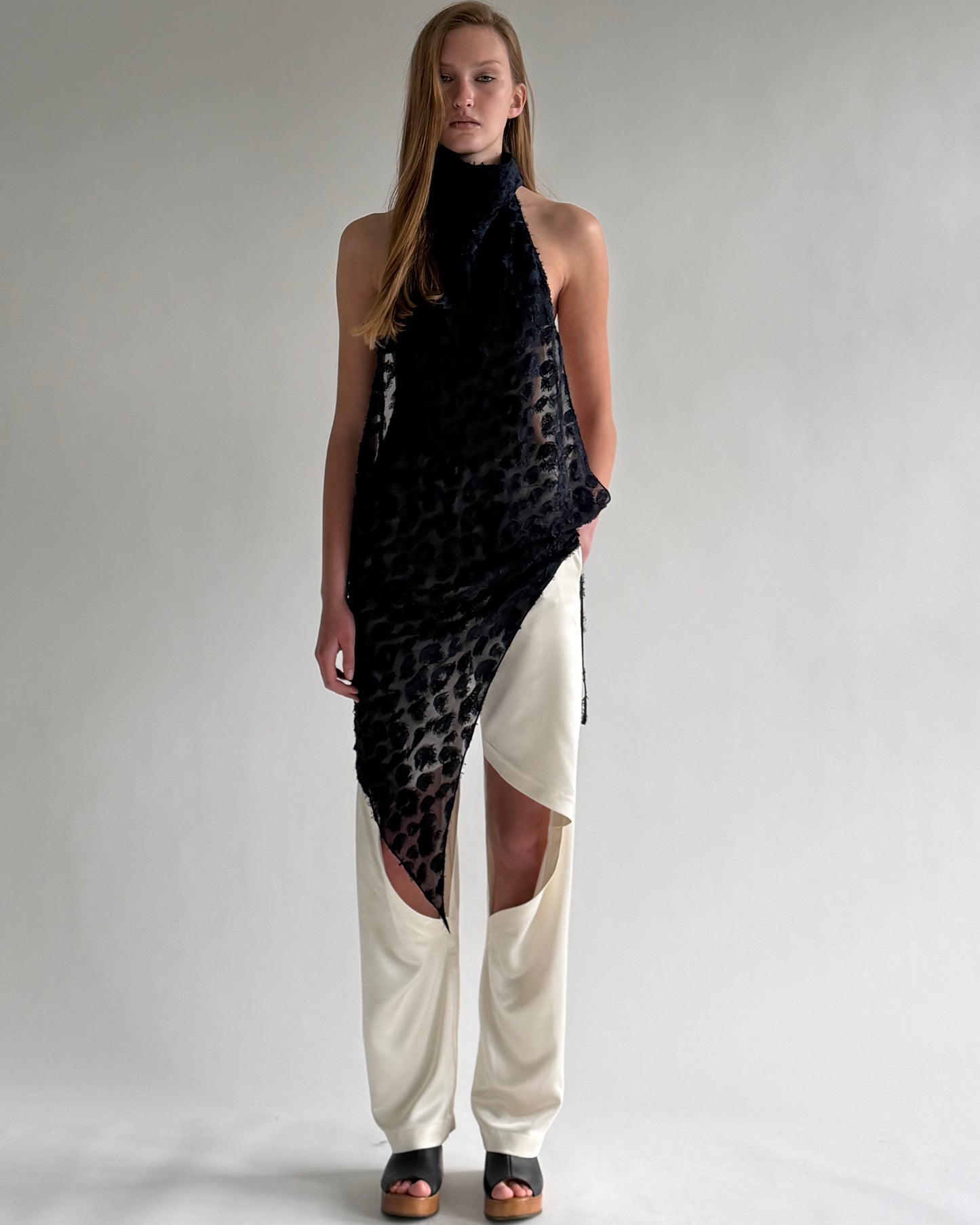 Turtleneck longside top with open back in birdy dark blue