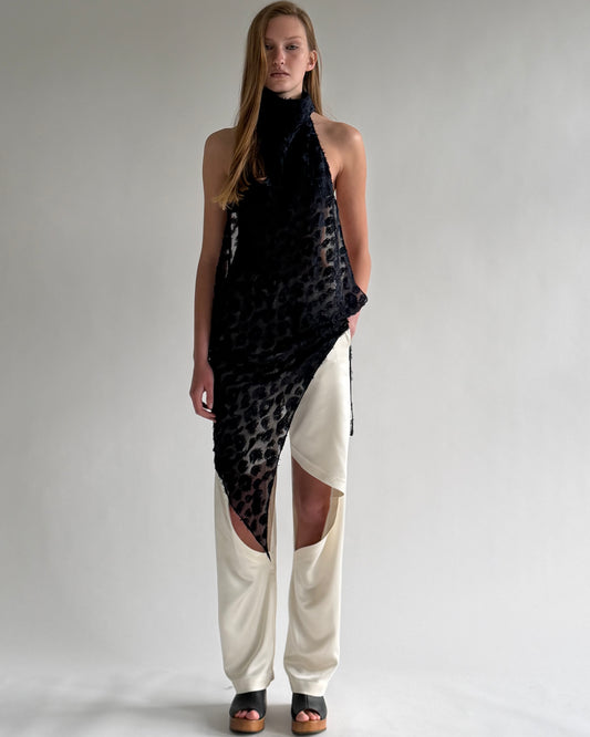 Turtleneck longside top with open back in birdy dark blue