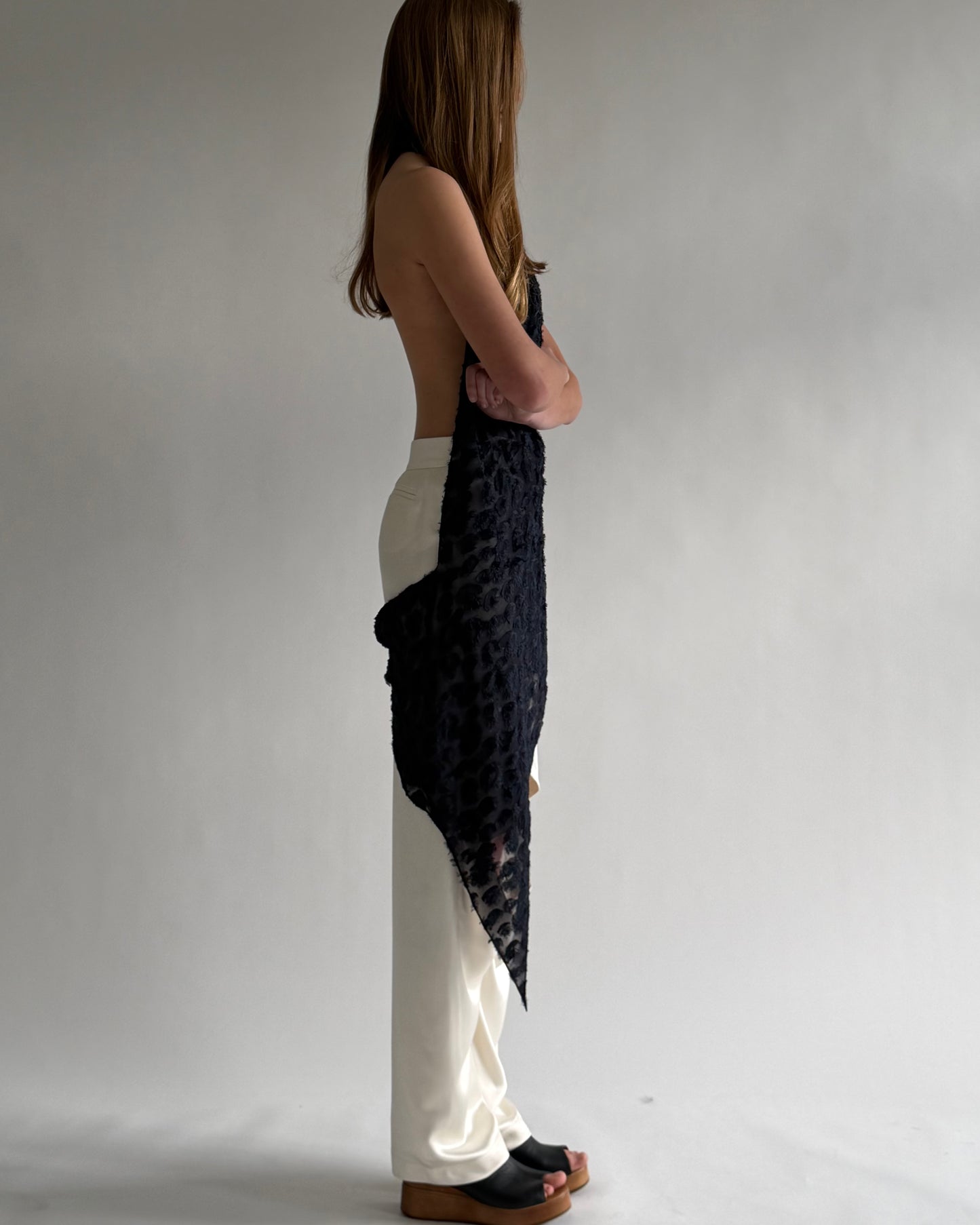Turtleneck longside top with open back in birdy dark blue
