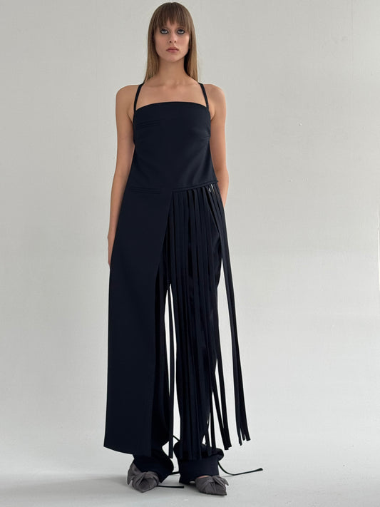 Long blue Apron with stitched ropes